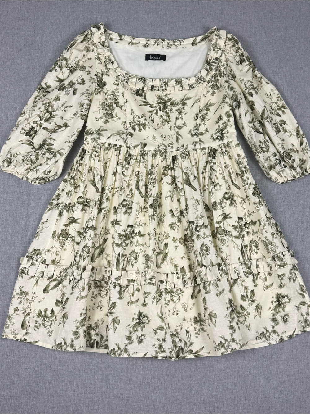 Kourt Floral Bird Toile Cottagecore Midi Dress XL Cotton Linen